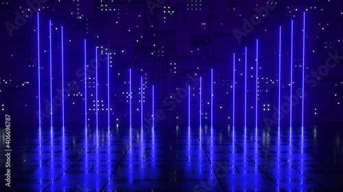 Neon background, space illuminated with blue neon light, ultraviolet light.