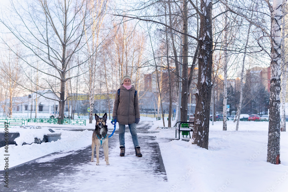 young girl walks in the winter with her dog pet. Winter time. lifestyle