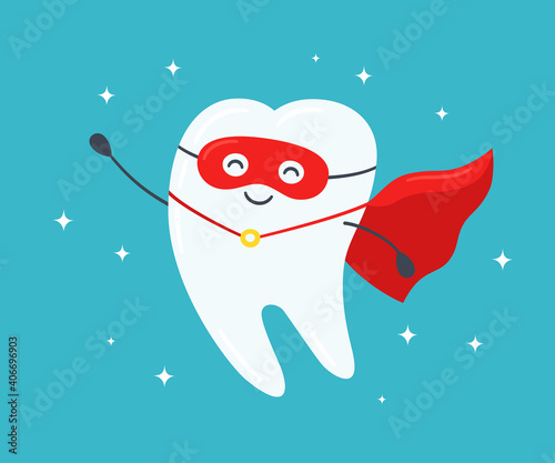 Superhero tooth. Happy healthy tooth in a red cloak. Vector illustration on a blue background