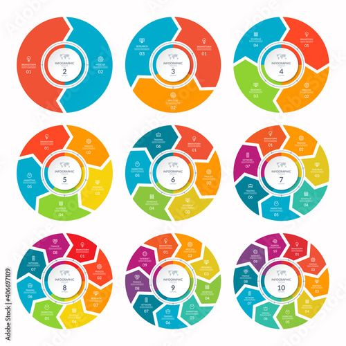 Set of infographic process charts. Cycle diagrams with 2, 3, 4, 5, 6, 7, 8, 9, 10 options. Can be used for report, business analytics, data visualization and presentation.
