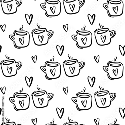 Valentines Day theme doodle Vector seamless pattern of hand drawn two cups of tea of coffee with heart shape. © Janna Mudrak