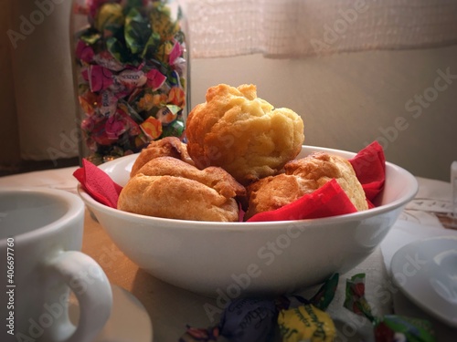 morning breakfast, eclairs homemade cakes on the table, sweet winter morning