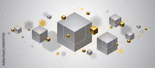 Cubes cluster with golden elements lines and dots vector abstract background, 3D abstraction vip luxury style, geometric design, technology and science theme.