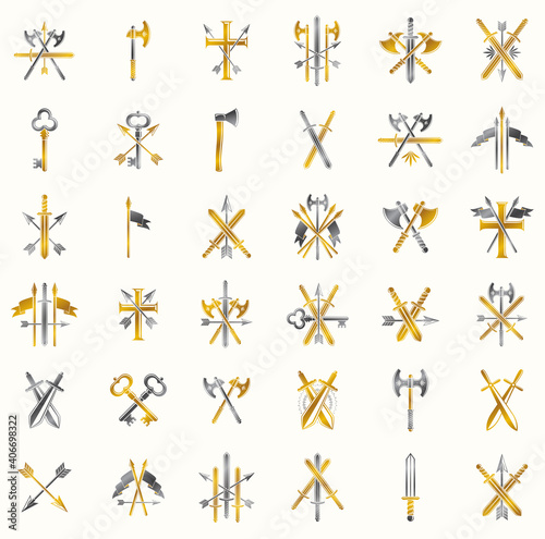 Weapon emblems vector emblems big set, heraldic design elements collection, classic style heraldry armory symbols, antique knives armory arsenal compositions.