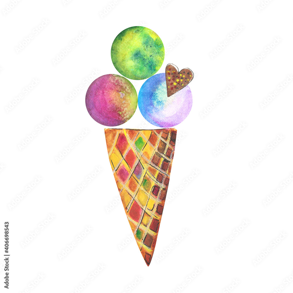 Watercolor painted waffle scone of ice cream with three scoops Watercolor painted waffle scone of ice cream with three scoops