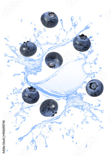 Blueberry isolated. Blueberry with water splash over white background on white background. Bilberry.