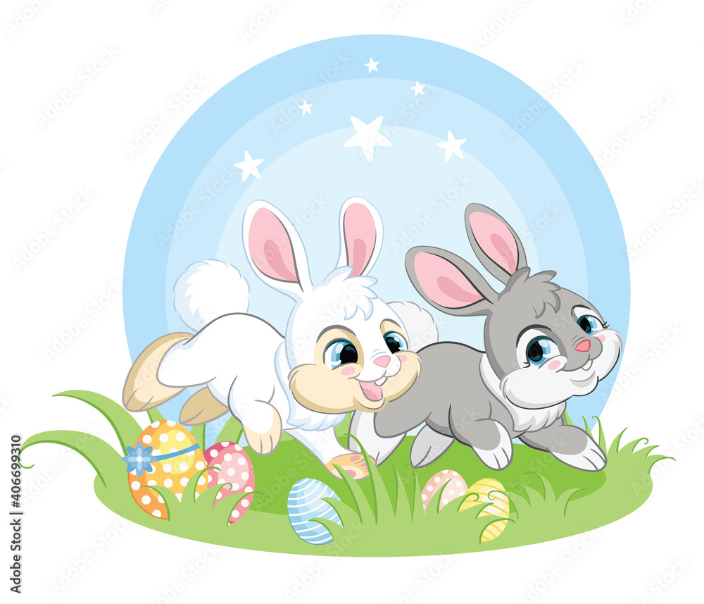 Two easter bunnies running on spring grass Two easter bunnies running on spring grass
