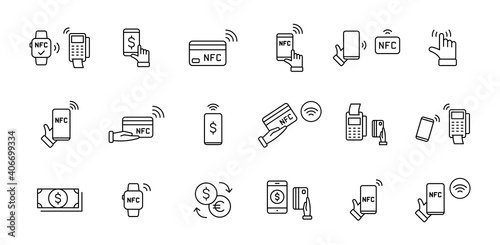 Set of NFC payment linear icons. Pay pass. Wireless pay. Nfc card payment. NFC technology. Customer is paying. Vector illustration.