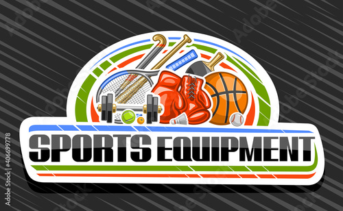 Vector logo for Sports Equipment, white decorative sign board for sporting goods store with colorful illustrations of many diverse game accessories, unique brush lettering for words sports equipment.