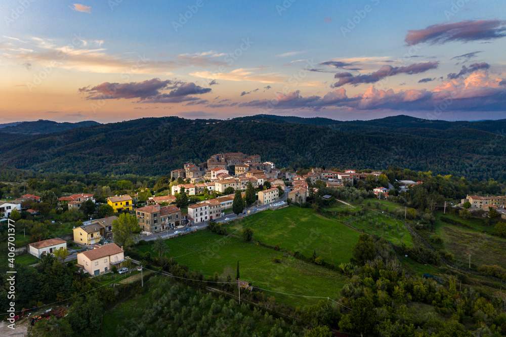 Aerial view, mountain village, Torniella, Piloni, Province of Grosseto, Region of Siena, Tuscany, Italy