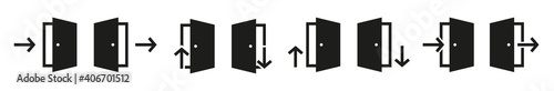 Entrance exit door with arrow icon sign. Door open and closed vector illustration. Home office concept. 