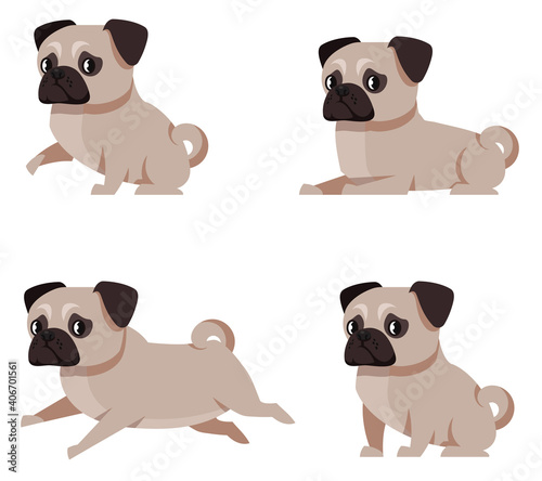 Pug dog in different poses. Cute pet in cartoon style.