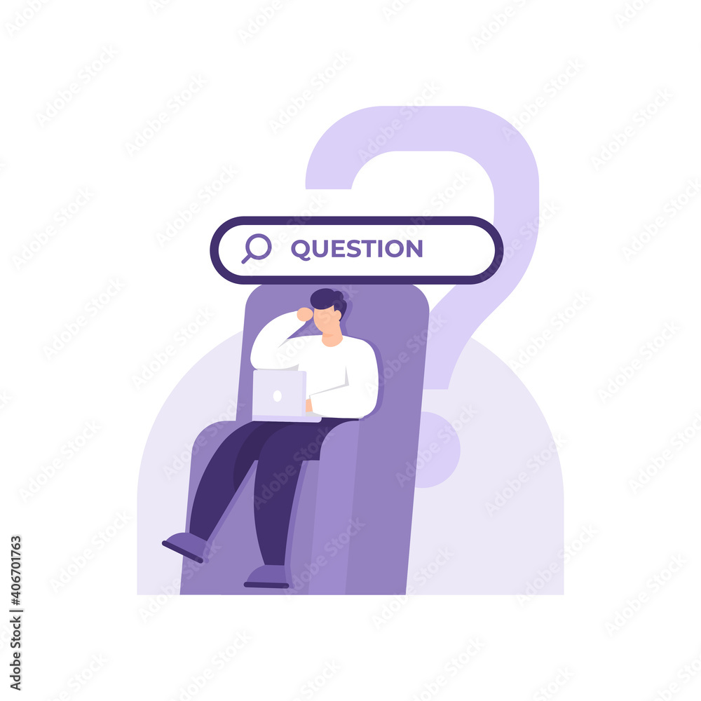 vector illustration of a man sitting on a sofa, working on his laptop and confused. concept Frequently asked questions or FAQs, question marks around people, online support center, looking for answers vector illustration of a man sitting on a sofa, working on his laptop and confused. concept Frequently asked questions or FAQs, question marks around people, online support center, looking for answers