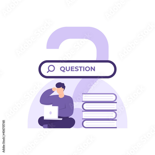 vector illustration of a man sitting, working on his laptop and confused. concept Frequently asked questions or FAQs, question marks around people, online support center, looking for answers. 