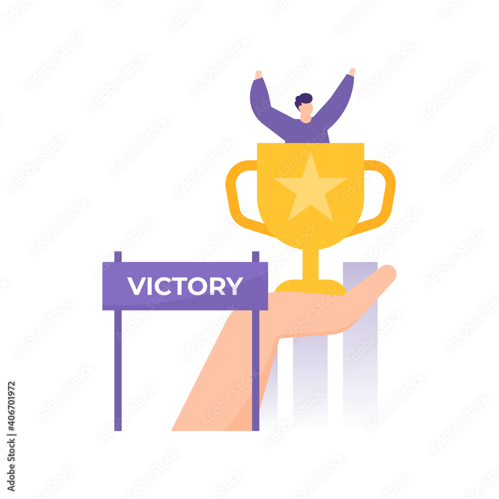 Mobileaa concept of successful businessman, success and achievement. illustration of a trophy or award on hand. a trophy containing men. the champion. flat style. vector design elements