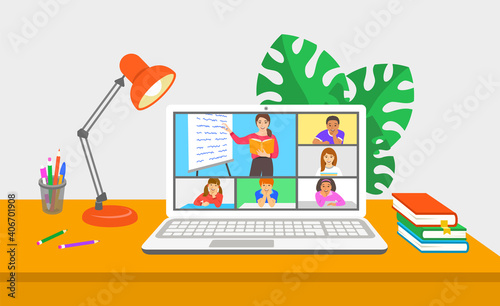 Virtual class online school distance learning teleconference. Kids stay home watching young woman teacher video lesson. Remote education during coronavirus pandemic. Learning school program from home