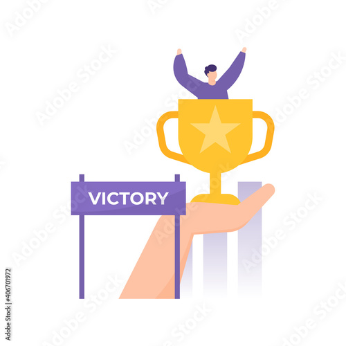 Mobileaa concept of successful businessman, success and achievement. illustration of a trophy or award on hand. a trophy containing men. the champion. flat style. vector design elements