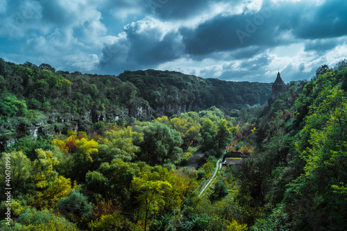 Top view of the Smotrych River Canyon in Kamianets-Podilsky, Ukraine photo