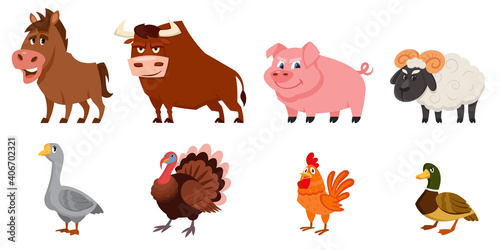 Set of male animals side view. Farm animals in cartoon style.