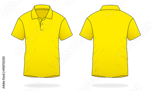Blank yellow short sleeve polo shirt template on white background. Front and back views, vector file.
