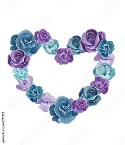 Beautiful heart of roses.Blue and purple roses in the shape of a heart. Frame heart of roses. Eighth of March  February 14 holiday heart  Wedding heart  wedding frame.