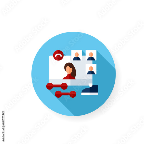 Online fitness classes flat icon. Sport Meeting together concept. Internet streaming website. Social distanced gym. Public live stream physical training. Isolated color vector illustration with shadow