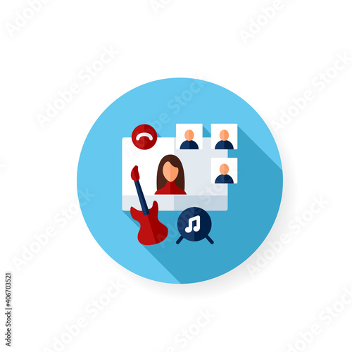 Online music concert flat icon. Meeting together concept.Internet streaming website. Live stream.Social distanced party. Remote public event, jam session.Isolated color vector illustration with shadow