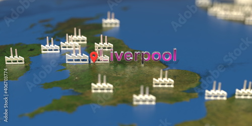 Factory icons near Liverpool city on the map, industrial production related 3D rendering