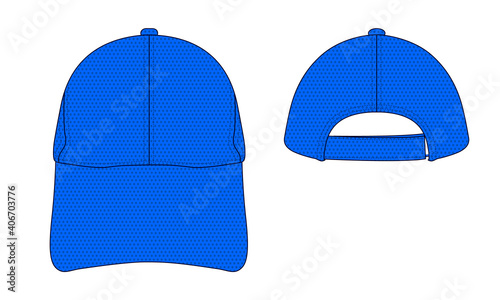 Blank blue spacer mesh baseball cap with adjustable hook-loop strap vector for template.