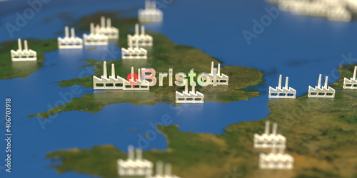Factory icons near Bristol city on the map, industrial production related 3D rendering