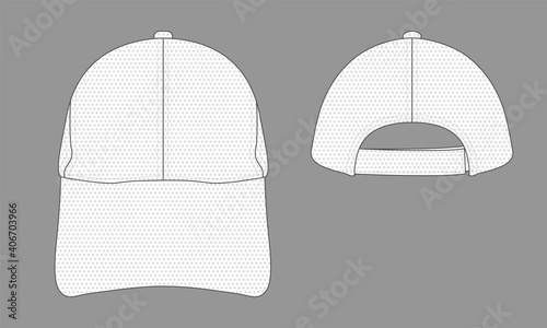 Blank white spacer mesh baseball cap with adjustable hook-loop strap template on gray background, vector file.