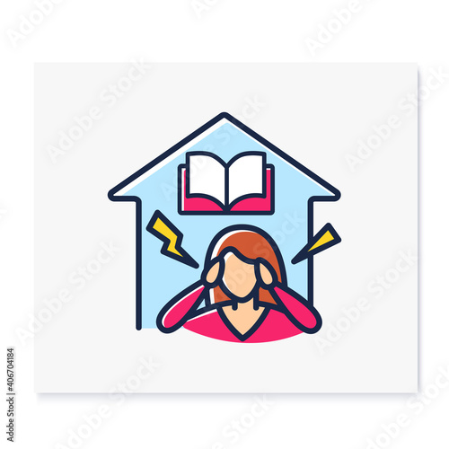 Stress at home color line icon. Mom is tired of her child home schooling. Online education concept. Distance learning and home teaching. Isolated vector illustration