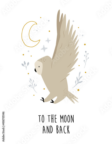 Creative poster with a flying owl and decorative elements.