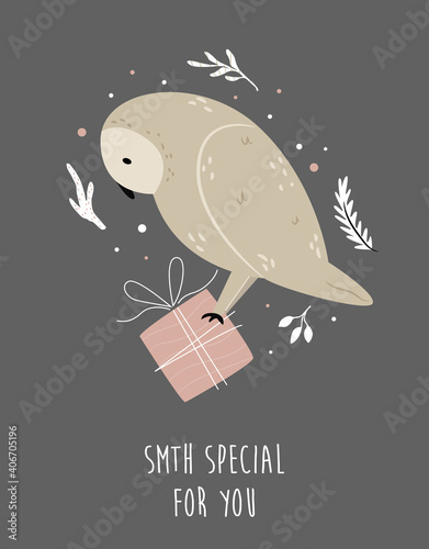 Cute illustration of an owl carrying a gift box