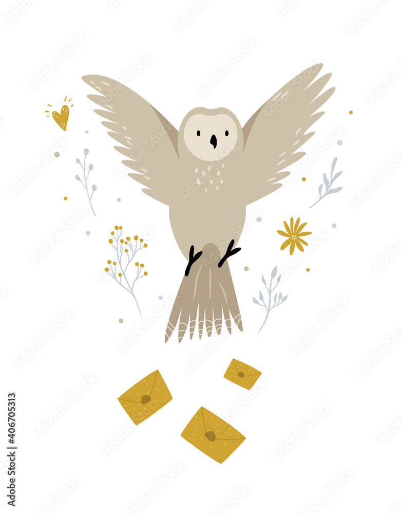 Fototapeta premium Creative poster with a flying owl and decorative elements.