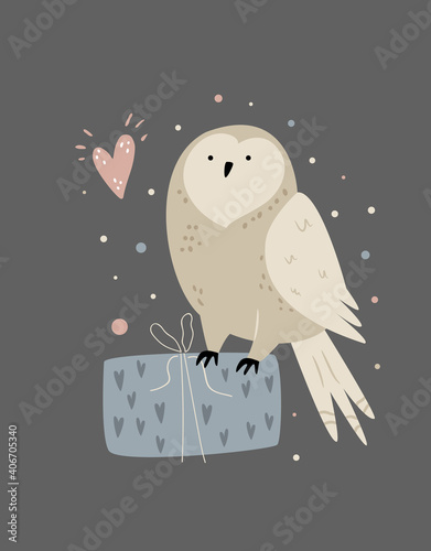 Cute illustration of an owl sitting on a gift box
