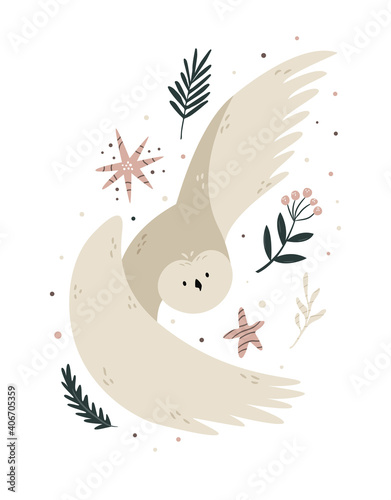 Creative poster with a flying owl and forest elements.