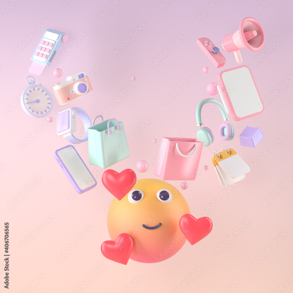 3d rendering of smiley face and Online shopping. 3d rendering of smiley face and Online shopping.