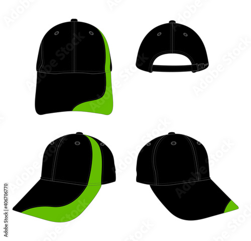 Set Sport Baseball Cap Design Curve Style Black-Green With Adjustable Slide Plastic Buckle Zip Vector.