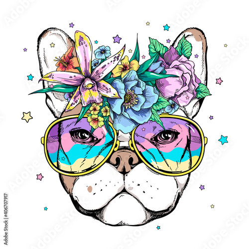 Cute cartoon french bulldog head in a floral wreath and bright sunglasses. Beautiful dog with flowers. Stylish summer image for printing on any surface
