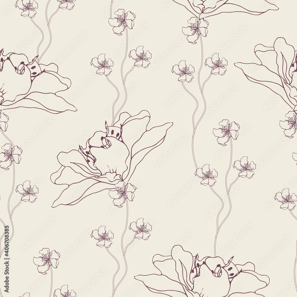 Monochrome floral pattern with contour lilies on a beige background. Seamless monochrome textile vector print. Monochrome floral pattern with contour lilies on a beige background. Seamless monochrome textile vector print.