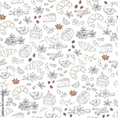 Light coffee seamless pattern with pastries  cinnamon  vanilla and coffee. Vector sketch on a white background. line art