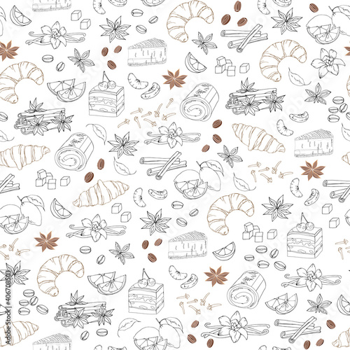 Light coffee seamless pattern with pastries, cinnamon, vanilla and coffee. Vector sketch on a white background. line art