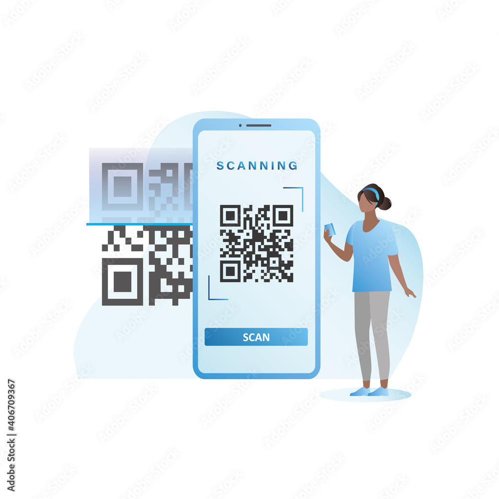 Vector woman with smartphone camera scans QR code in online application,program, website on Internet.Banking services of payment through identification, informational picture. Code on screen in phone.