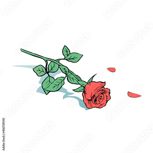 Thrown red rose on the floor. A rejected gift and unhappy love. Vector isolated pop art illustration. White background.