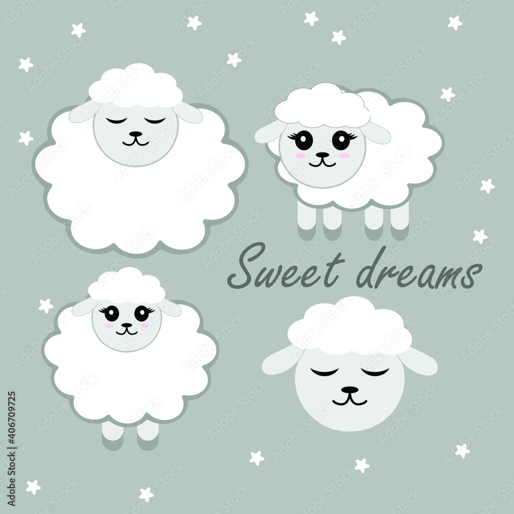 Flat Design Lamb Sheep Icons Set. Vector illustration of Cute cartoon funny smiling child character. Sweet Dreams. Flat Design Lamb Sheep Icons Set. Vector illustration of Cute cartoon funny smiling child character. Sweet Dreams.
