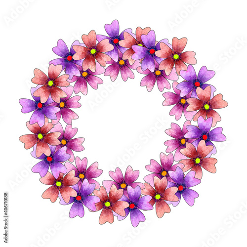 Circle simple flowers wreath.Cute watercolor hand drawn illustration.