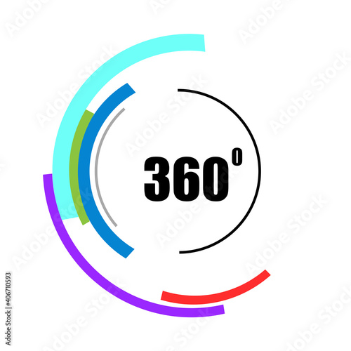 360 degrees icon isolated on white background. 360 degrees logotype design concept with colorful lines. Angle 360 rotate icon