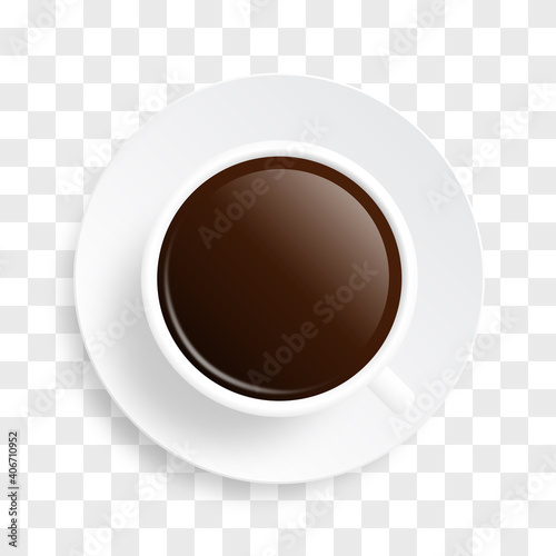 Realistic coffee cup with saucer on checkerboard background.