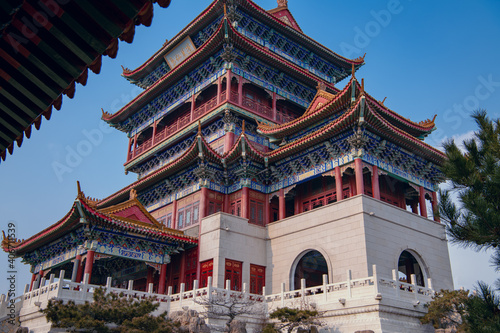 Buddhist temple in Penglai, Shandong, China. Copy space for text, background, wallpaper. Blue sky